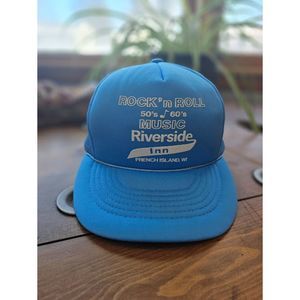 Vintage Blue Riverside INN French Island Wisconsin Snapback Trucker Hat Clean